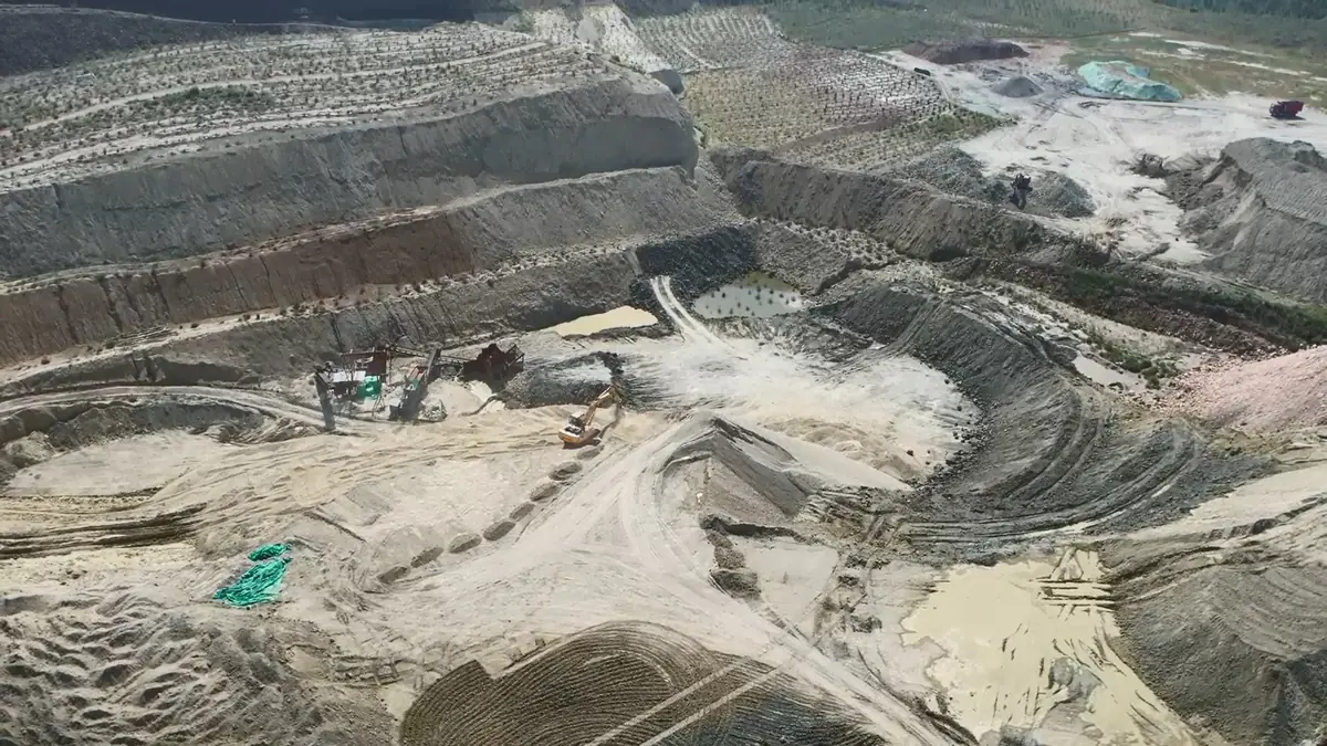 Aerial view of our own open-pit bentonite mine with excavators working the pit
